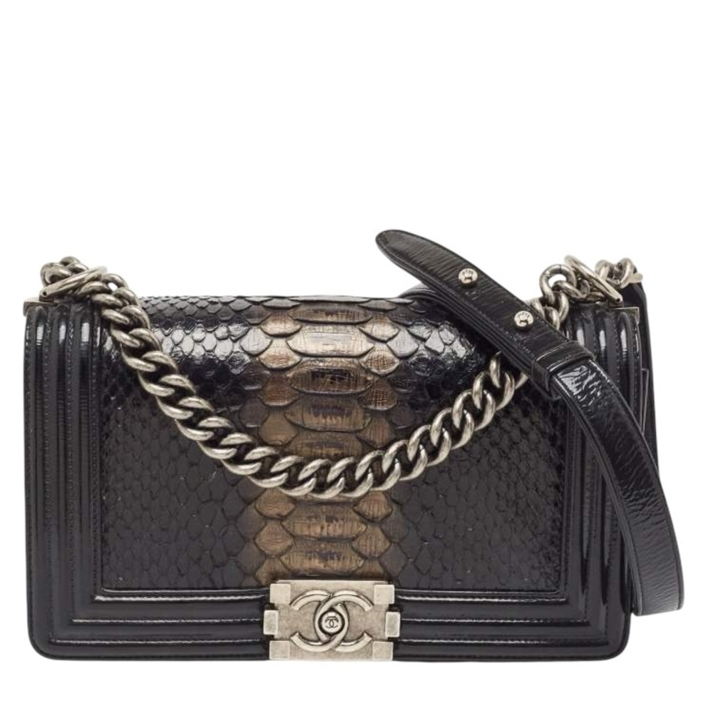 Chanel Black/Gold Python and Patent Leather Small Boy Bag